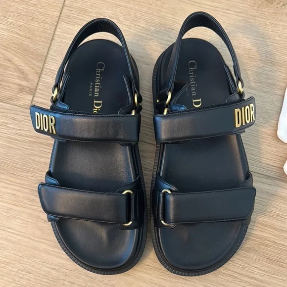 Dior Black Sandals with Gold Logo - Picture 5 of 7